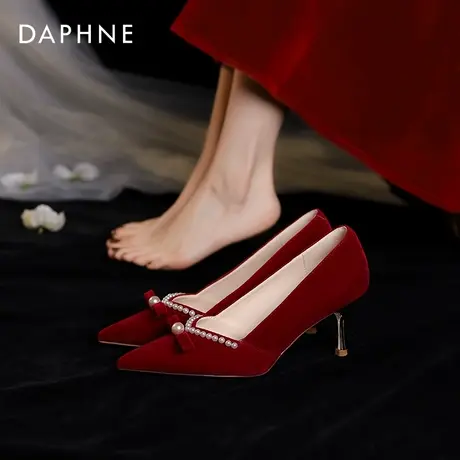 达芙妮红色高跟鞋女2023年新款夏季单鞋秀禾珍珠新娘礼服婚鞋女款图片