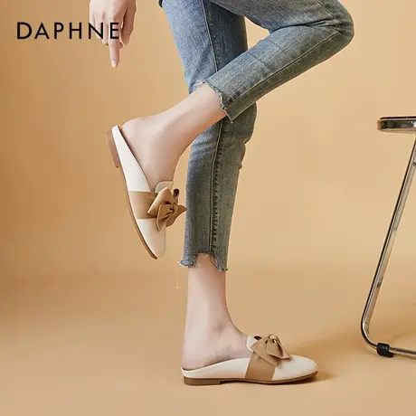 达芙妮软皮包头拖鞋女夏外穿2021年新款蝴蝶结穆勒鞋半托方头百搭图片