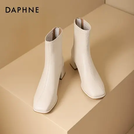 达芙妮真皮法式瘦瘦靴白色短靴女2023年新款方头高跟鞋靴子女秋冬图片