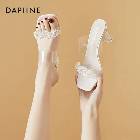 达芙妮2021新款女鞋高跟鞋子夏季透明凉鞋外穿凉拖小香风时装拖鞋图片