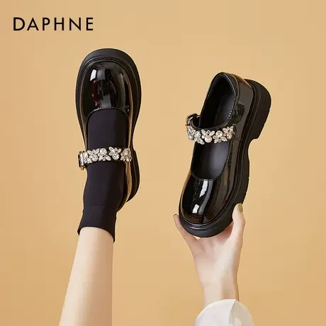 达芙妮厚底玛丽珍鞋女2021年新款黑色小皮鞋水钻法式粗跟平底单鞋图片