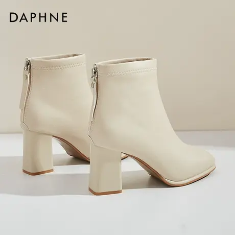 达芙妮米白色短靴女秋冬季2021年新款粗跟高跟鞋加绒瘦瘦靴马丁靴图片