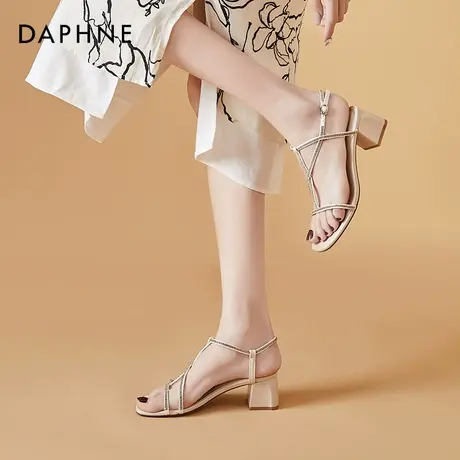 达芙妮粗跟凉鞋女夏中跟2021年新款水钻一字带女鞋方头气质仙女风图片