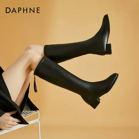 达芙妮C位中跟瘦瘦靴2022冬季新款飒酷风加绒黑白款骑士靴女靴图片
