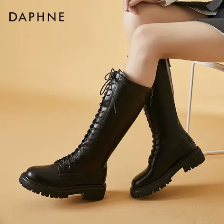 达芙妮系带靴子女长靴2021年新款长筒秋冬季黑色粗腿大筒围高筒靴图片