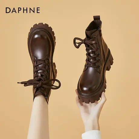 达芙妮棕色马丁靴女鞋2021年新款夏季薄款英伦风6孔厚底高跟短靴图片