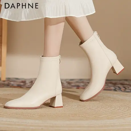 达芙妮高跟短靴女2023新款秋冬白色法式高级感显瘦靴子粗跟小个子图片