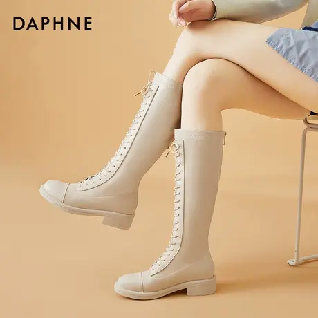 达芙妮中高筒靴女靴2021年新款白色显瘦秋冬款欧美瘦瘦粗腿骑士靴图片