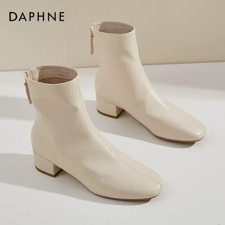 达芙妮米白色短靴女粗跟秋冬加绒靴子女2021年新款冬季方头瘦瘦靴图片